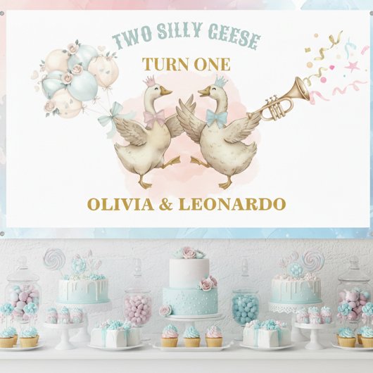 Two Silly Geese Boy & Girl Twins Birthday Banner