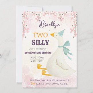 Two silly goose 2nd birthday cute floral pink einladung