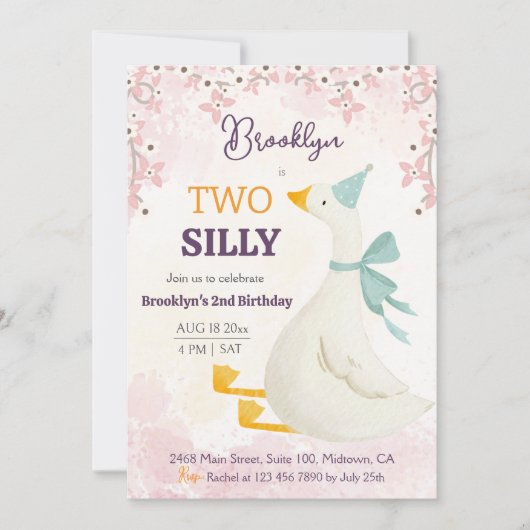 Two silly goose 2nd birthday cute floral pink einladung (Vorderseite)