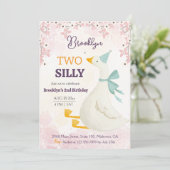 Two silly goose 2nd birthday cute floral pink einladung (Stehend Vorderseite)