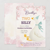 Two silly goose 2nd birthday cute floral pink einladung (Vorne/Hinten)