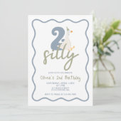 TWO Silly Goose blue and green 2nd Birthday Einladung (Stehend Vorderseite)