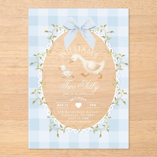 Two Silly Goose Blue Gingham 2nd Birthday Acryleinladungen (Vorderseite)