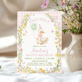 Two Silly Goose Floral Pink Gingham Girl Birthday Einladung