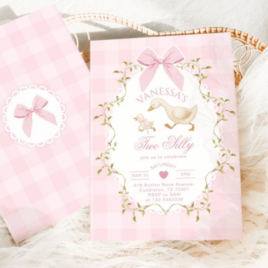 Two Silly Goose Pink Bow Girl 2nd Birthday Einladung