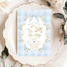 Two Silly Whimsical Blue Gingham Boy 2nd Birthday Einladung