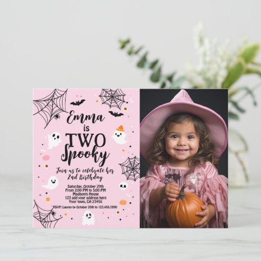 Two Spooky Pink Halloween Invite with Photo Einladung (Stehend Vorderseite)
