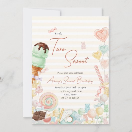 Two Sweet Birthday Invite Yellow Stripe Einladung (Vorderseite)