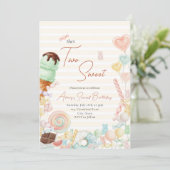 Two Sweet Birthday Invite Yellow Stripe Einladung (Stehend Vorderseite)