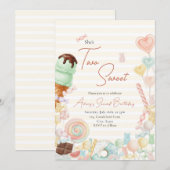 Two Sweet Birthday Invite Yellow Stripe Einladung (Vorne/Hinten)