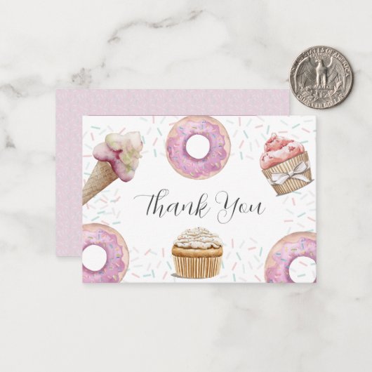 Two Sweet Cupcake & Donuts 2nd Birthday Thank You Mitteilungskarte (Vorderseite/Rückseite Beispiel)