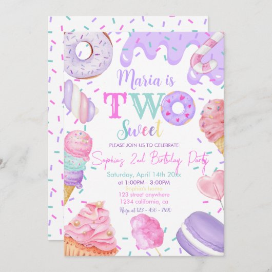 Two Sweet Girl Donut Pastel Purple 2nd Birthday Einladung (Vorne/Hinten)