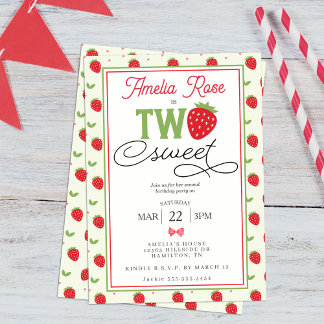 Two Sweet Strawberry 2nd Birthday Party Einladung