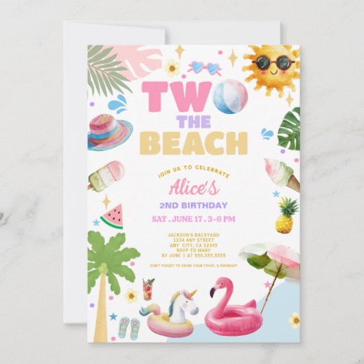 Two the Beach Tropical Summer 2nd Birthday Party Einladung (Vorderseite)