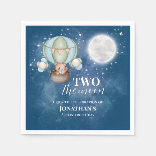 Two The Moon Boy Bear Balloon 2nd Birthday Serviette (Vorderseite)
