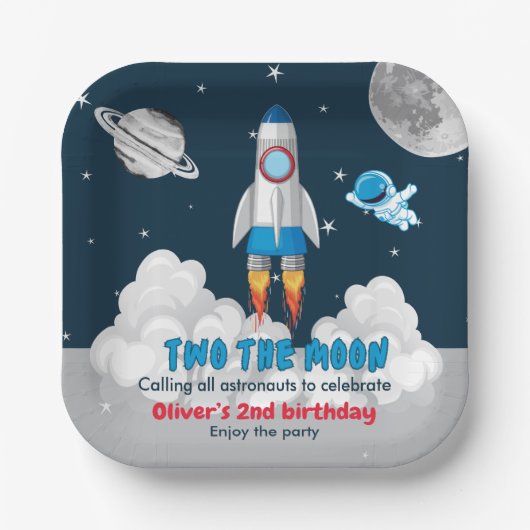 Two The Moon Boy Space Rocket 2nd Birthday Pappteller (Vorderseite)