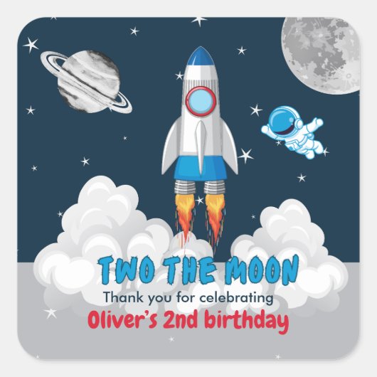 Two The Moon Boy Space Rocket 2nd Birthday Quadratischer Aufkleber (Vorderseite)