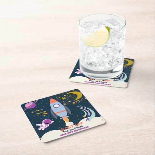 Two The Moon Boy Space Rocket 2nd Birthday Rechteckiger Pappuntersetzer (Vor Ort)