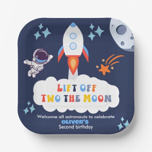 Two The Moon Boy Space Rocket Lift Off 2nd Bday Pappteller (Vorderseite)