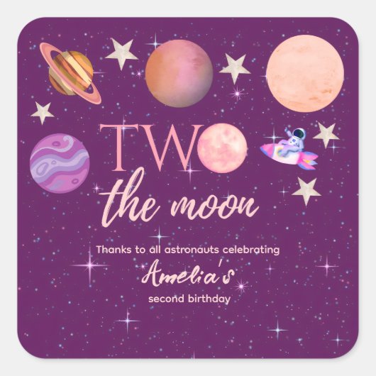 Two The Moon Girl Space Pink Planets 2nd Bday Quadratischer Aufkleber (Vorderseite)