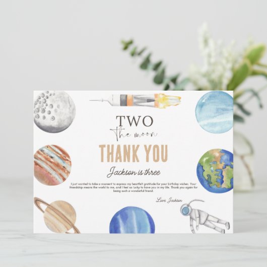 Two The Moon | Modern Space 2nd Birthday Décor Dankeskarte (Stehend Vorderseite)