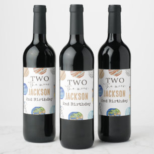 Two The Moon Moderne Weltraum 2. Geburtstagsdeko Weinetikett