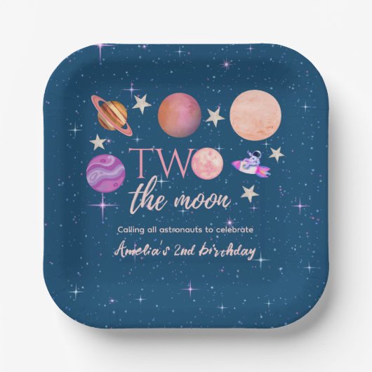Two The Moon Outer Space Ship Planets 2nd Bday Pappteller (Vorderseite)