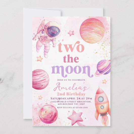 Two the Moon Outerspace 2nd Birthday Einladung (Vorderseite)