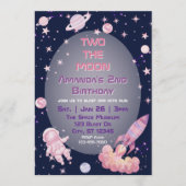 Two The Moon, Pink Purple Space 2nd Birthday  Einladung (Vorderseite)