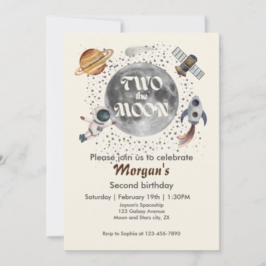 Two The Moon Planets Gender Neutral 2nd Birthday  Einladung (Vorderseite)
