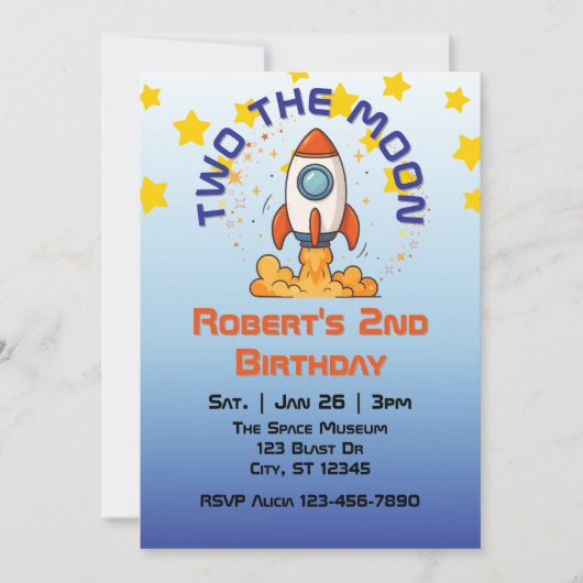 Two The Moon, Rocket 2nd Birthday Invitation Einladung (Vorderseite)