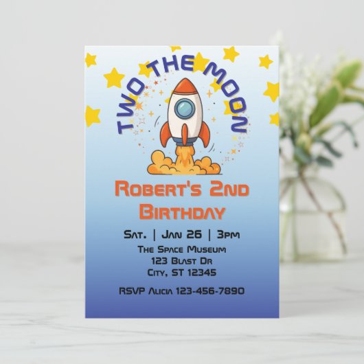 Two The Moon, Rocket 2nd Birthday Invitation Einladung (Stehend Vorderseite)
