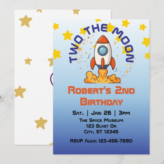 Two The Moon, Rocket 2nd Birthday Invitation Einladung (Vorne/Hinten)