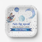 Two The Moon Rocket Space Blue Boy 2nd Birthday Pappteller (Vorderseite)