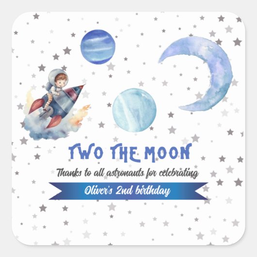 Two The Moon Rocket Space Blue Boy 2nd Birthday Quadratischer Aufkleber (Vorderseite)