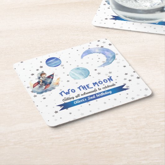 Two The Moon Rocket Space Blue Boy 2nd Birthday Rechteckiger Pappuntersetzer (angewinkelt)