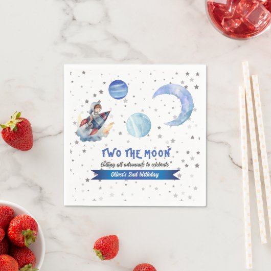 Two The Moon Rocket Space Blue Boy 2nd Birthday Serviette (Beispiel)