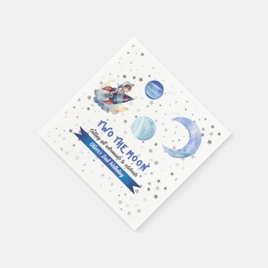 Two The Moon Rocket Space Blue Boy 2nd Birthday Serviette (Ecke)