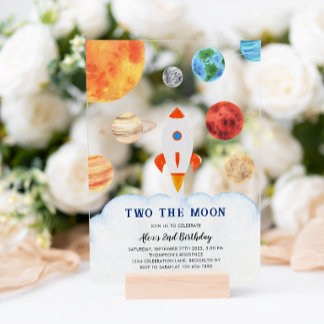 TWO THE MOON Space Rocket Kids Birthday Acryleinladungen