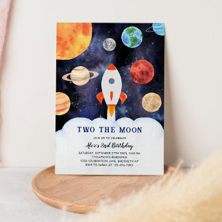 TWO THE MOON Space Rocket Ship Birthday Einladung