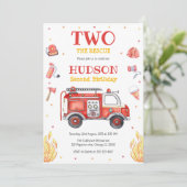 Two the Rescue Firetruck 2nd Birthday Invitation Einladung (Stehend Vorderseite)
