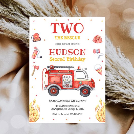 Two the Rescue Firetruck 2nd Birthday Invitation Einladung