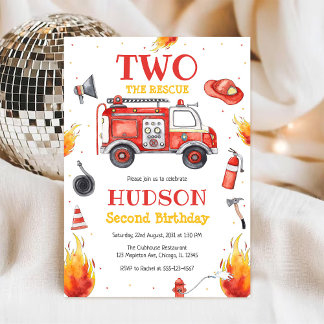 Two the Rescue Firetruck 2nd Birthday Invitation Einladung