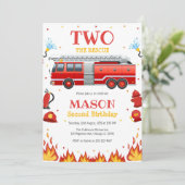 Two the Rescue Firetruck 2nd Birthday Invitation Einladung (Stehend Vorderseite)