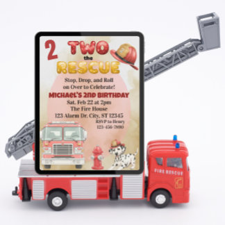Two the Rescue, Watercolor Firetruck 2nd Birthday Einladung