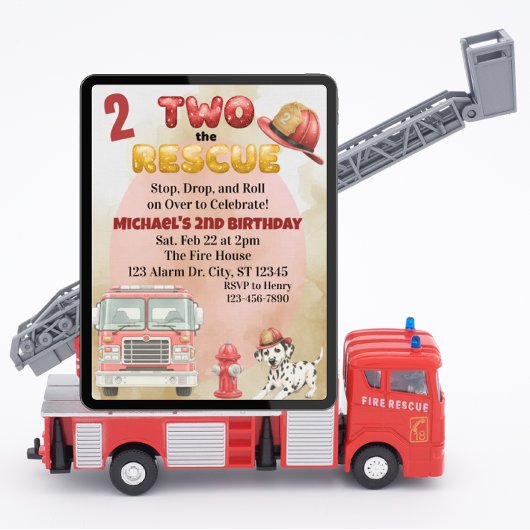 Two the Rescue, Watercolor Firetruck 2nd Birthday Einladung