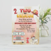 Two the Rescue, Watercolor Firetruck 2nd Birthday Einladung (Stehend Vorderseite)