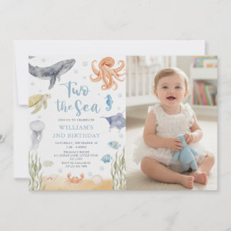Two The Sea Ocean Animals 2nd Birthday Photo Einladung