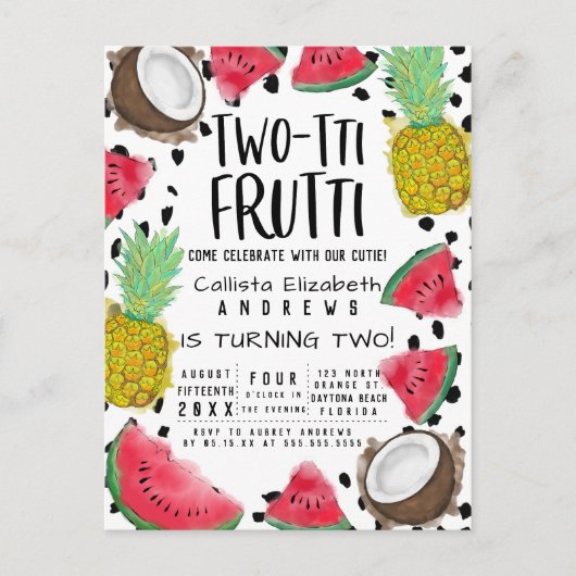 Two-tti Frutti Niedlich Fruit Watercolor 2. Geburt Einladungspostkarte (Vorderseite)