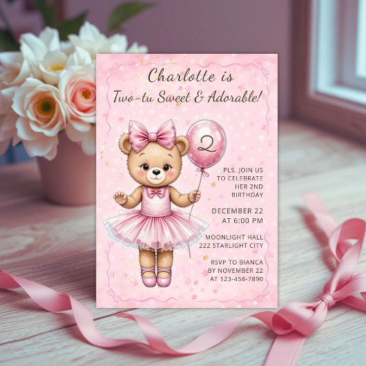 Two-Tu Sweet Coquette Ballerina Bär Geburtstag Einladung